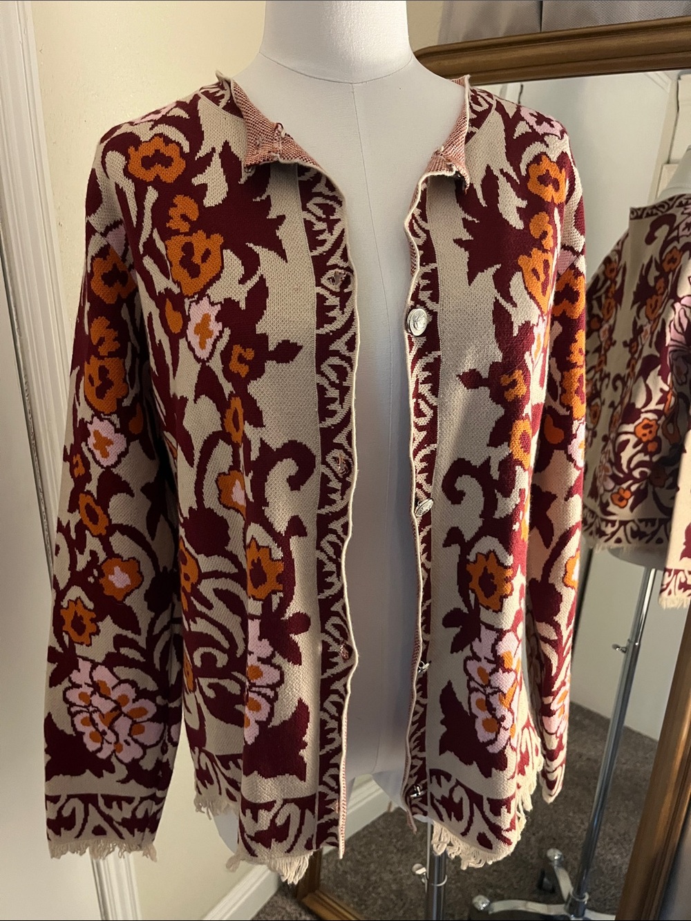 Floral Fall Burgundy and Cream Knit Cardigan Sweater Boho